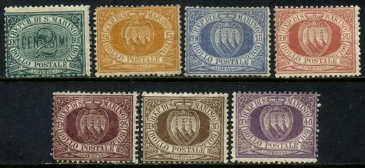 San Marino 1877 - Coat of arms, 1st issue, complete set of 7 values. With certificate. - Sassone N. 1/7