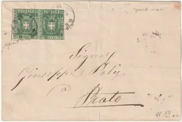 Italiaanse oude staten - Toscane 1861 - Gov. provv. 5 c, coppia Linea riquadro a sx su sovr. da Grosseto x Prato - Sassone n.18+18d