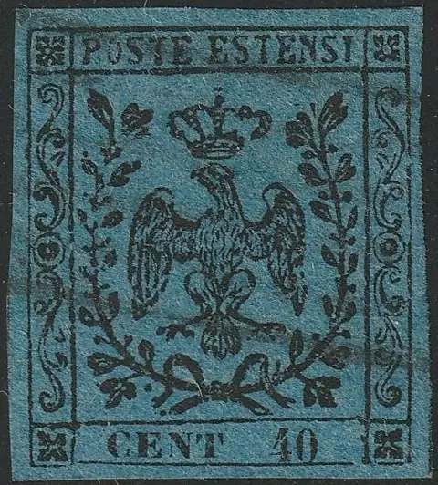 Italiaanse oude staten - Modena 1852 - 40 c. dark azure, variety without dot after CENT, used, rare and certified - Sassone n.6a
