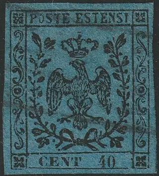 Italiaanse oude staten - Modena 1852 - 40 c. dark azure, variety without dot after CENT, used, rare and certified - Sassone n.6a