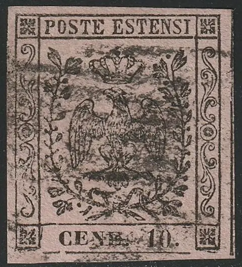 Italiaanse oude staten - Modena 1852 - 10 c. pink, variety CENE 10. (E instead of T) beautiful margins, used, rare and certified - Sassone n.9e