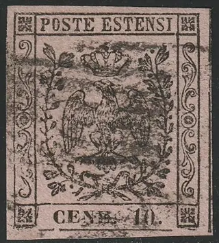 Italiaanse oude staten - Modena 1852 - 10 c. pink, variety CENE 10. (E instead of T) beautiful margins, used, rare and certified - Sassone n.9e