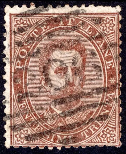 Koninkrijk Italië 1879 - Umberto I 30 c. brown, used with numeral mark cancellation with bars – Sorani certificate - Sassone n° 41