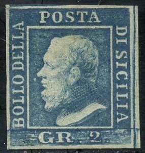 Italiaanse oude staten - Sicilië 1859 - Ferdinand II, 2 grana azure, 1st plate position 31, intact. - Sassone N. 6