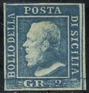 Italiaanse oude staten - Sicilië 1859 - Ferdinand II, 2 grana azure, 1st plate position 31, intact. - Sassone N. 6