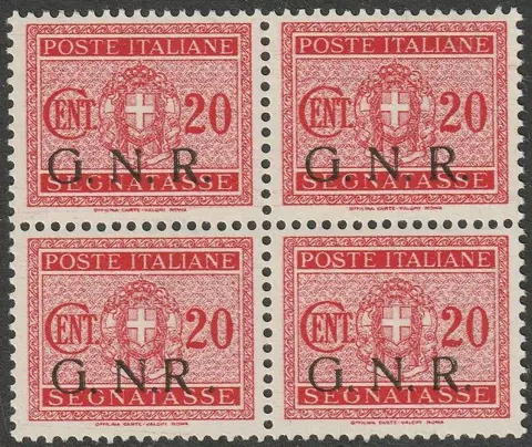 Republikeinse Nationale Garde - Brescia-circulatie 1944 - GNR Segnatasse 20 c. carminio "R accostata a N" in Quartina coi normali rara lusso periziata - Sassone n.49/Id+49/I