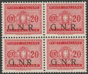 Republikeinse Nationale Garde - Brescia-circulatie 1944 - GNR Segnatasse 20 c. carminio "R accostata a N" in Quartina coi normali rara lusso periziata - Sassone n.49/Id+49/I