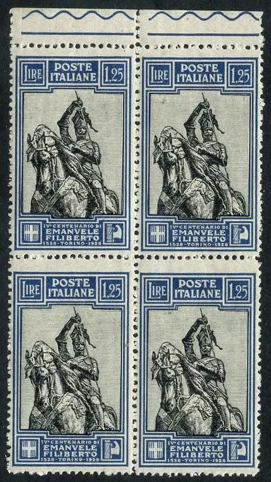 Koninkrijk Italië 1928 - Emanuele Filiberto 1.25 l. with linear perforation 13.75. Beautiful certified block of four. - Sassone N. 235/I