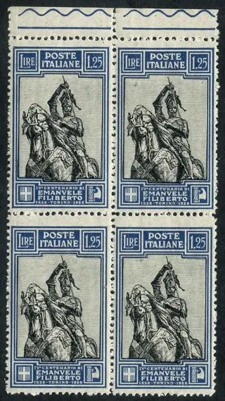 Koninkrijk Italië 1928 - Emanuele Filiberto 1.25 l. with linear perforation 13.75. Beautiful certified block of four. - Sassone N. 235/I