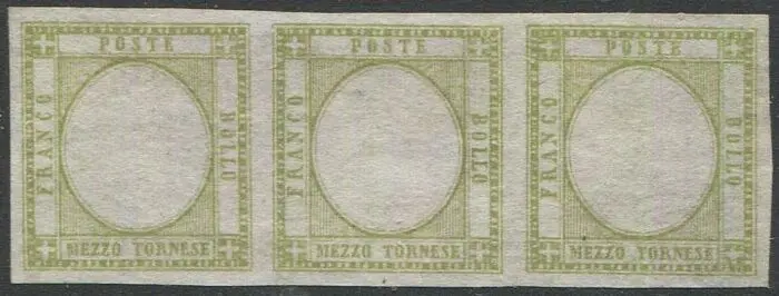 Napolitaanse provincies 1861 - Vittorio Emanuele II, mezzo tornese, prova nel colore adottato. Striscia di 3 esemplari. - CEI P22