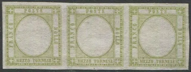 Napolitaanse provincies 1861 - Vittorio Emanuele II, mezzo tornese, prova nel colore adottato. Striscia di 3 esemplari. - CEI P22