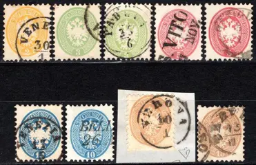 Italiaanse oude staten - Lombardije Venetië - 5th issue – the complete used set in the different colour shades, 1 on cut out – with good centring - Sass. n° 41+42+42a+43+43a+44+44a+45+45a