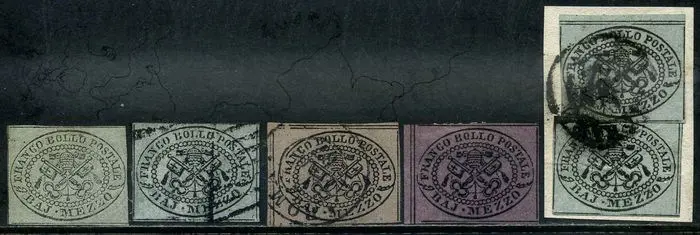 Italiaanse oude staten - Pauselijke Staat 1852 - Half baj in the different colours, 4 values + 1 cut out - Sassone N. 1-1A-1Aa