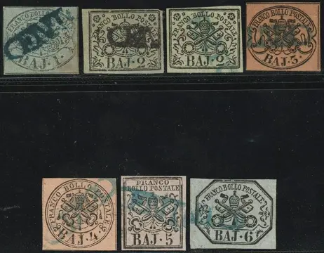 Italiaanse oude staten - Pauselijke Staat 1852 - 1st issue, set of 7 values, all used with azure or black linear of Cento, rare, with expert’s report - Sassone n.2/3+3a+4+5a+6+7