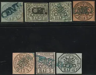 Italiaanse oude staten - Pauselijke Staat 1852 - 1st issue, set of 7 values, all used with azure or black linear of Cento, rare, with expert’s report - Sassone n.2/3+3a+4+5a+6+7