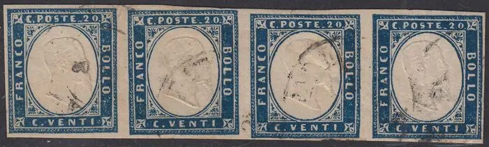 Italiaanse oude staten - Sardinië 1861 - IV emissione c. 20 celeste II tavola striscia di 4 esemplari - Sassone N. 15d