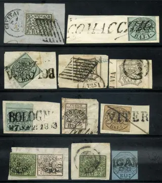 Italiaanse oude staten - Pauselijke Staat 1852 - 12 esemplari su frammento con annulli nominativi. Interessante insieme