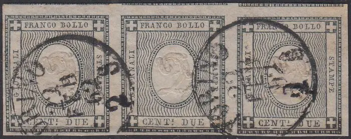 Italiaanse oude staten - Sardinië 1861 - Printed material, 2 c. greenish grey, strip of three pieces, used, Turin 22/2/61 - Sassone N. 20c