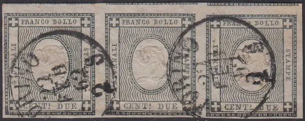 Italiaanse oude staten - Sardinië 1861 - Printed material, 2 c. greenish grey, strip of three pieces, used, Turin 22/2/61 - Sassone N. 20c