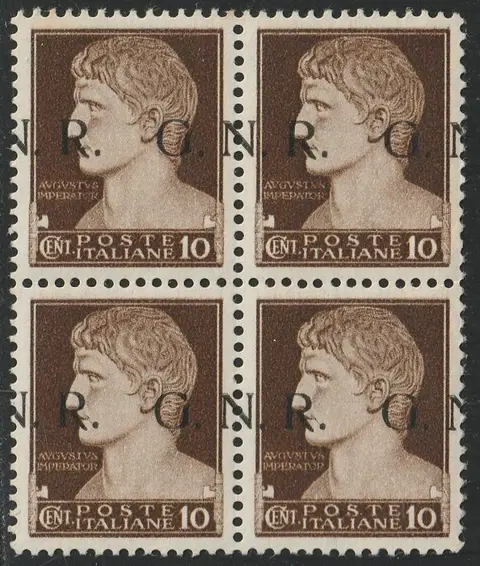 Republikeinse Nationale Garde - Brescia-circulatie 1944 - GNR 10 c. bruno soprastampa N a cavallo in Quartina integra centrata rara lusso periziata - Sassone n.471/Ihd