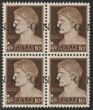 Republikeinse Nationale Garde - Brescia-circulatie 1944 - GNR 10 c. bruno soprastampa N a cavallo in Quartina integra centrata rara lusso periziata - Sassone n.471/Ihd