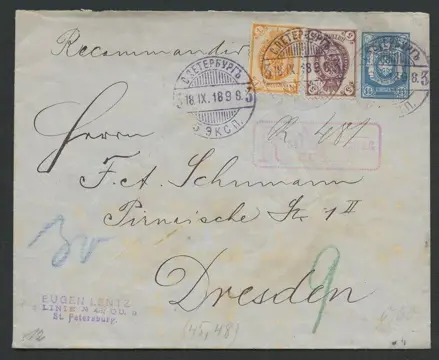 Russische Federatie 1896 - Registered letter with tricolour postage from St Petersburg to Dresden from 18.IX.1896