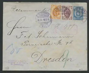 Russische Federatie 1896 - Registered letter with tricolour postage from St Petersburg to Dresden from 18.IX.1896