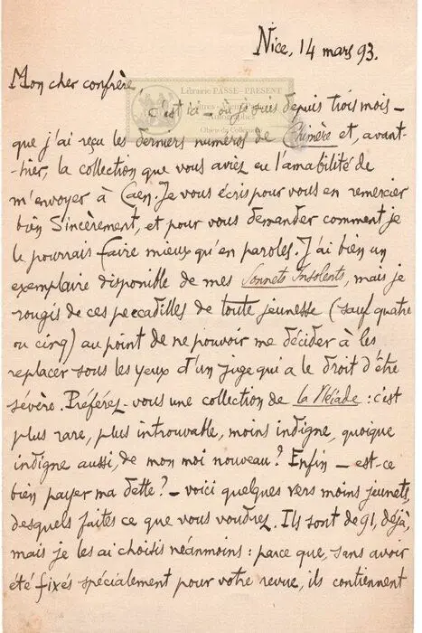 Brinn ’Gaubast - Lettre Autographe Signée à Paul Redonnel - 1893