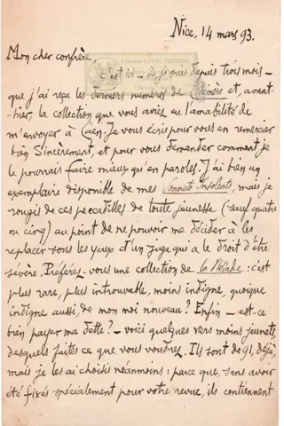 Brinn ’Gaubast - Lettre Autographe Signée à Paul Redonnel - 1893