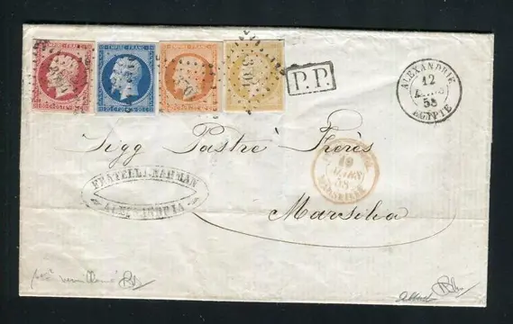 Frankrijk 1858 - Uiterst zeldzame brief uit Alexandrië in driedubbele poort met n° 13Aa-14A-16 & 17Ad Vermilion