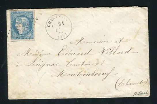 Frankrijk 1870 - Rare letter bound to Montemboeuf from Chabanais with a n° 44A