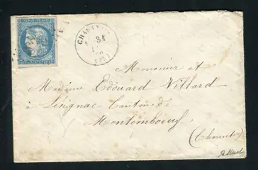 Frankrijk 1870 - Rare letter bound to Montemboeuf from Chabanais with a n° 44A
