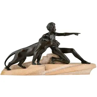 Max Le Verrier - Art Deco sculptuur van man en panter