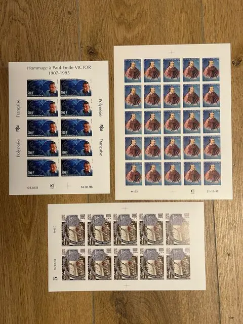 Frans-Polynesië 1996 - non dentelés - Paul-Emile Victor, reine Pomaré, bataillon du Pacifique - en feuilles - neufs** - Maury n°502 et 508 x 10 exemplaires et n°506 x 25 exemplaires