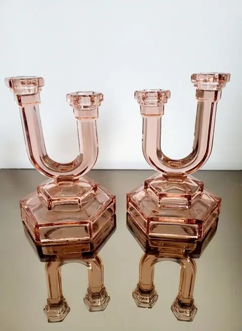 Art deco kandelaar rosaline geperst glas (2)