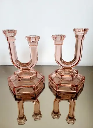 Art deco kandelaar rosaline geperst glas (2)