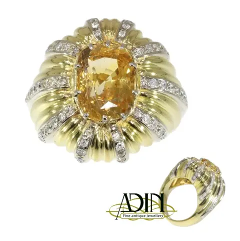 Vintage gouden cocktail ring met gele saffier