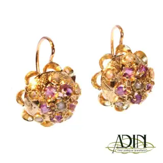 Antieke gouden oorbellen met amethist en parel