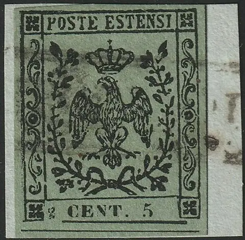 Italiaanse oude staten - Modena 1852 - 5 c. olive green, double variety without dot after 5 + typographic space on the left, very rare, - Sassone n.8d/m