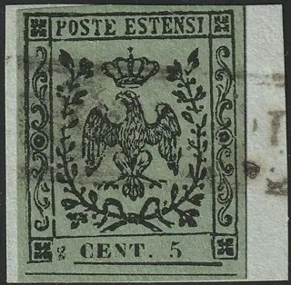 Italiaanse oude staten - Modena 1852 - 5 c. olive green, double variety without dot after 5 + typographic space on the left, very rare, - Sassone n.8d/m
