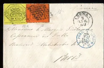 Italiaanse oude staten - Pauselijke Staat 1867/1868 - Mixed postage 2nd and 3rd issue from Rome to Paris 3 July 68 - Sassone 19a, 26.