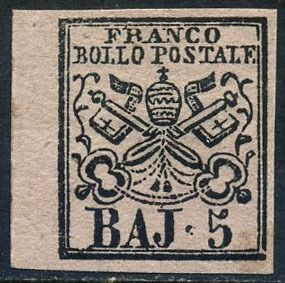Italiaanse oude staten - Pauselijke Staat 1852 - 5 baj carmine pink, intact, with sheet margin - Sassone N. 6A