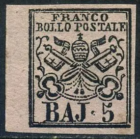 Italiaanse oude staten - Pauselijke Staat 1852 - 5 baj carmine pink, intact, with sheet margin - Sassone N. 6A