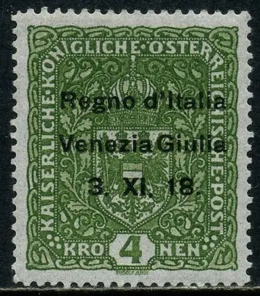 Italië - Julian Venetië 1918 - 4 crowns dark green overprinted. Very good centring. With certificate. - Sassone N. 17