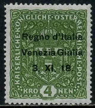 Italië - Julian Venetië 1918 - 4 crowns dark green overprinted. Very good centring. With certificate. - Sassone N. 17