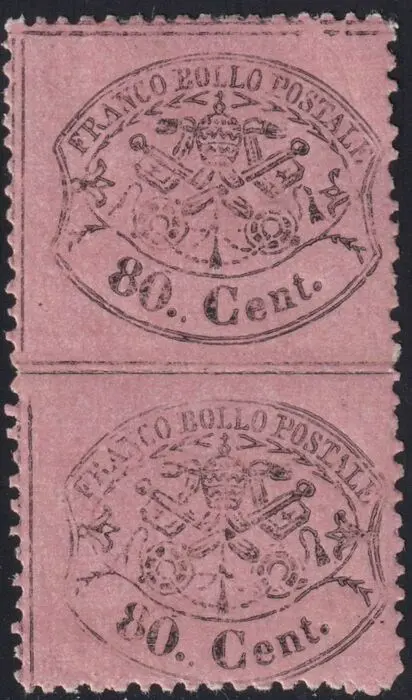 Italiaanse oude staten - Pauselijke Staat 1868 - III^ Em. 80 c. rosa lillaceo coppia verticale Non Dentellato al centro molto rara periziata - Sassone n.30r
