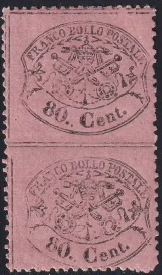 Italiaanse oude staten - Pauselijke Staat 1868 - III^ Em. 80 c. rosa lillaceo coppia verticale Non Dentellato al centro molto rara periziata - Sassone n.30r