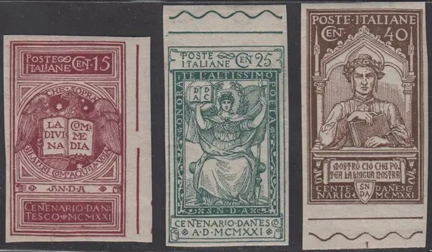 Koninkrijk Italië 1921 - Dante Alighieri, serie dei tre valori emessi non dentellati - n. 116f, 117f, 118f