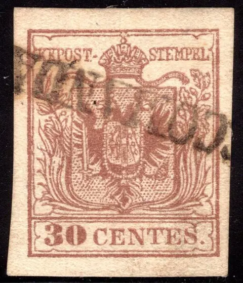 Italiaanse oude staten - Lombardije Venetië - 1st issue – 30 c. with beautiful margins, used with ‘Raccomandata’ cancellation P.9 - Sass. n° 21b