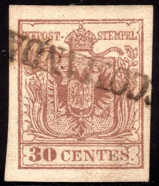 Italiaanse oude staten - Lombardije Venetië - 1st issue – 30 c. with beautiful margins, used with ‘Raccomandata’ cancellation P.9 - Sass. n° 21b